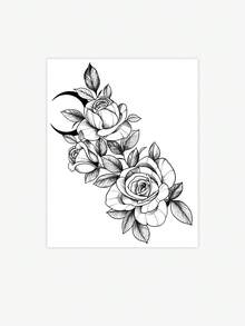 1 buah Stiker Tato Sementara Pola Mawar & Bulan Sabit Garis Seni Stipple Herbal, Desain Tato Palsu Realistis, Cocok Untuk Perjalanan, Festival Musik, Bermain Game, Hadiah Wisuda, Bertahan 7-14 Hari - Hitam - View 4