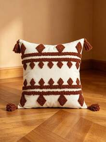 1pc/2pcs,Bohemian Tufted Geometric Throw Pillow Cover, White With Brown Diamond Pattern, Tassel Detail, Decorative Cushion Case For Sofa Couch Bed Living Room, Farmhouse Boho Home Decor,18x18in/12x20in, - Multicolor - View 14
