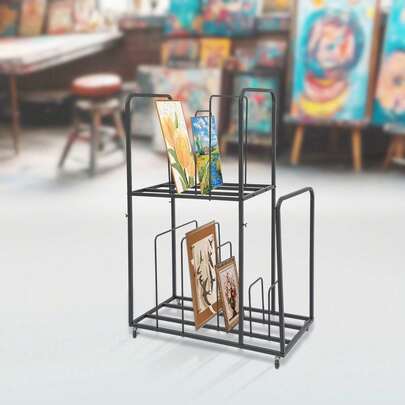 2 Tier Premium Heavy Duty Mobile Art Storage Rack, Freestanding Stand With Universal Rolling Wheels, Multi-Layer Organizer For Painting Boards, Canvases, Artworks And Drawing Tools, Ideal For Art Studio, Classroom And Home Art Corner