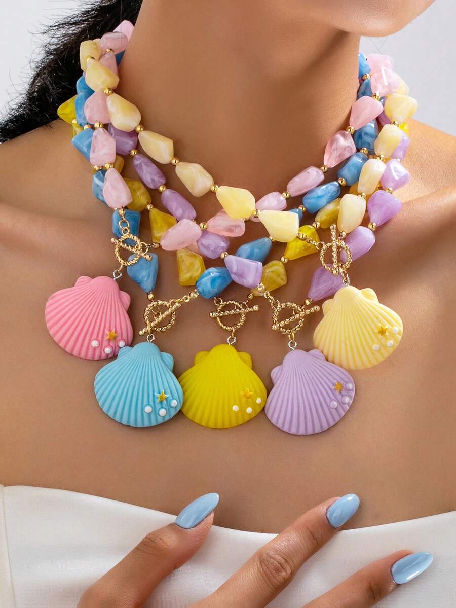 1 Stück Ozean-Stil Dopamin Acryl Muschel-Anhänger Halskette, geeignet für Damen Sommer Strandurlaub Party Kleidung - Hülse - Übersicht 1