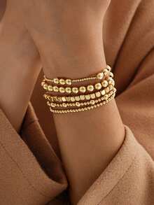 5pcs Personalized Fashion Elastic Beaded Multi-Piece Bracelet Set, CCB Material, High-End Style Accessories For Women - Yellow Gold - View 4