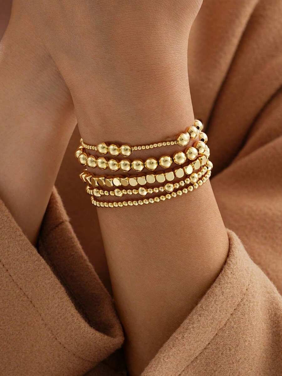 5pcs Personalized Fashion Elastic Beaded Multi-Piece Bracelet Set, CCB Material, High-End Style Accessories For Women - Yellow Gold - View 1