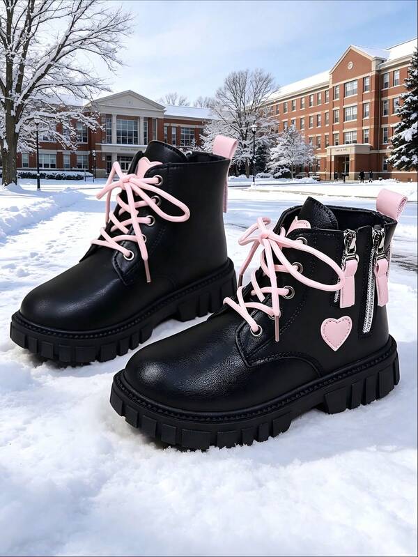 1 Pair Boots, Solid Color Soft Leather With Heart Patch Decoration On Side, Round Toe, Thick Sole, Height-Increasing, Double Zippers On Outer Side, Fashionable Cute Sweet Princess Style Ankle Boots, Suitable For Daily Wear, School, Festivals, Parties, Outdoor, Autumn/Winter New Arrival