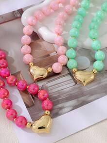 1pc Bohemian Flirty Style Y2K Creative Fashion Elegant Exquisite Gorgeous Simple Luxury Sweet Dopamine Color Beaded Heart Pendant Necklace For Women, Sisters, Couples, Graduation/Prom Jewelry Gift, Suitable For Daily Wear, Dating, Party, Holiday, Summer Beach Vacation, Colorful Jewelry - necklace - View 4