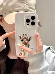 1pc Pink Frame Transparent Minimalist Lens Protection Anti-Drop Anti-Collision Coffee Drinking Giraffe Pattern Phone Case Personalized Suitable For IPhone 16 Pro Max/17/16/15/14 Plus/13/12/11 Protective Case Air Suitable For Samsung Series - Multicolor - View 5