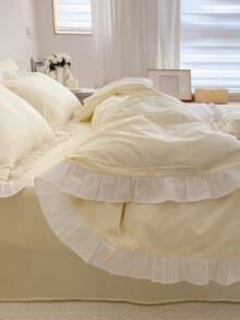 Yellow Creamy Girl Style Ruffle Edge Skin-Friendly Brushed Duvet Cover Set 3pcs (1*Duvet Cover+2*Pillowcases), Suitable For Bedroom, Guest Room, All Seasons, Machine Washable - Yellow - View 11