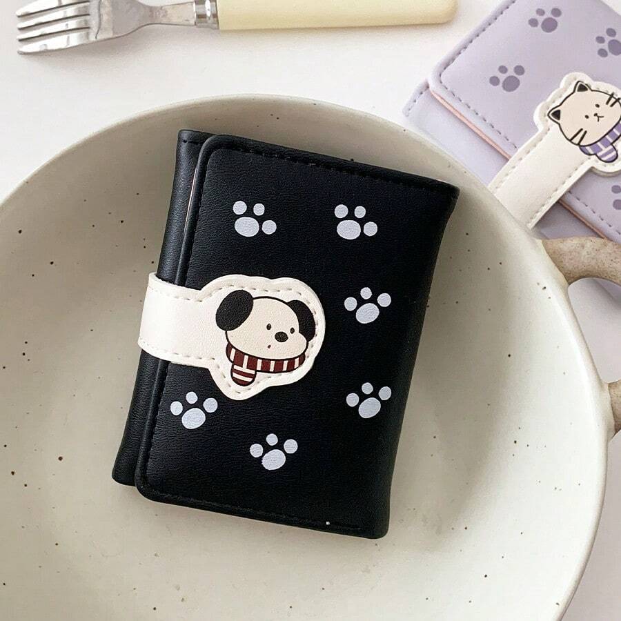 Cat & Dog Paw Print Cute Korean Style Women's Trifold Short PU Wallet Coin Purse Money Pouch