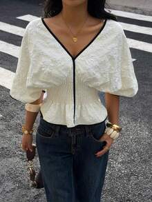 Blusa de mujer de unicolor con cuello en V profundo, cintura fruncida y dobladillo con volantes, camisa elegante ajustada con ribete de contraste - Caqui - Ver 7