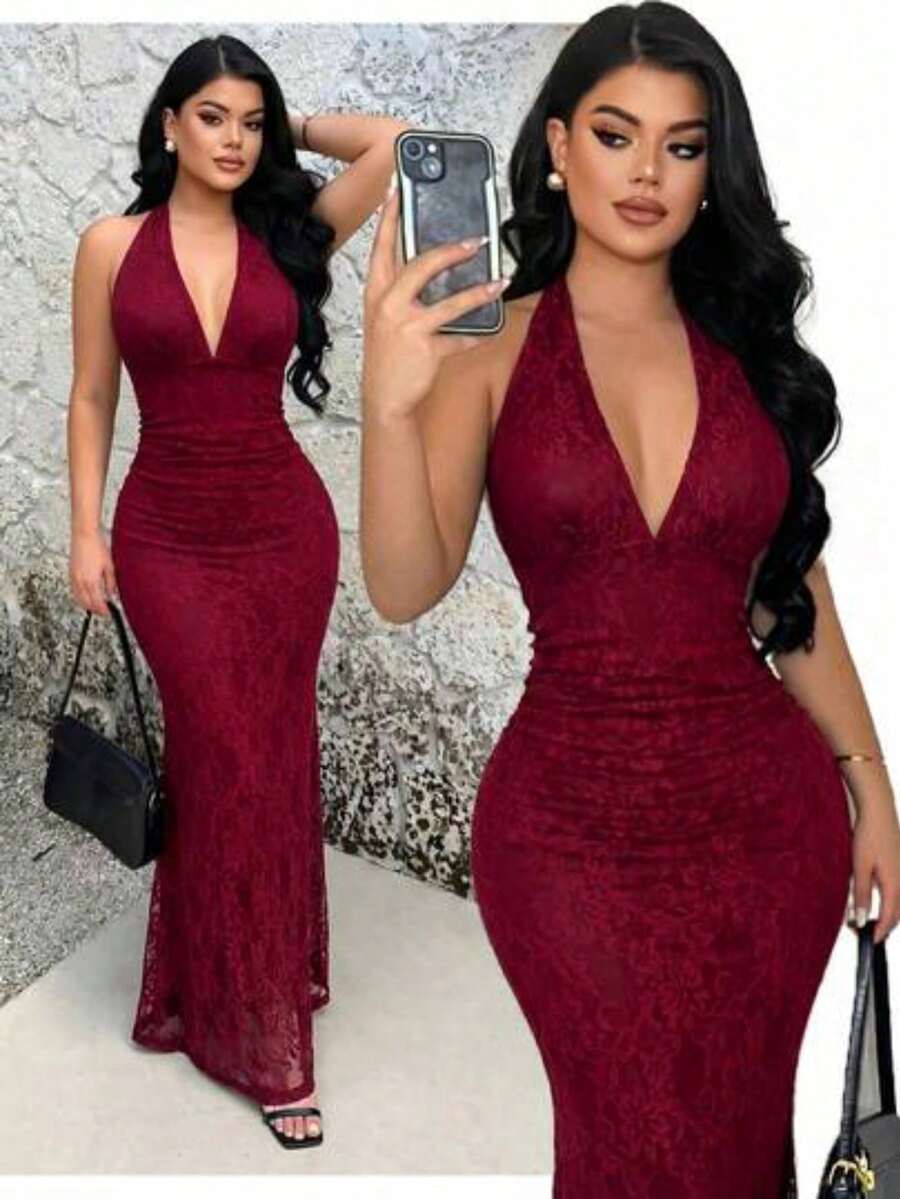 YijiaNvz Vestido de sirena con cuello halter y encaje sexy - Burdeos - Ver 1