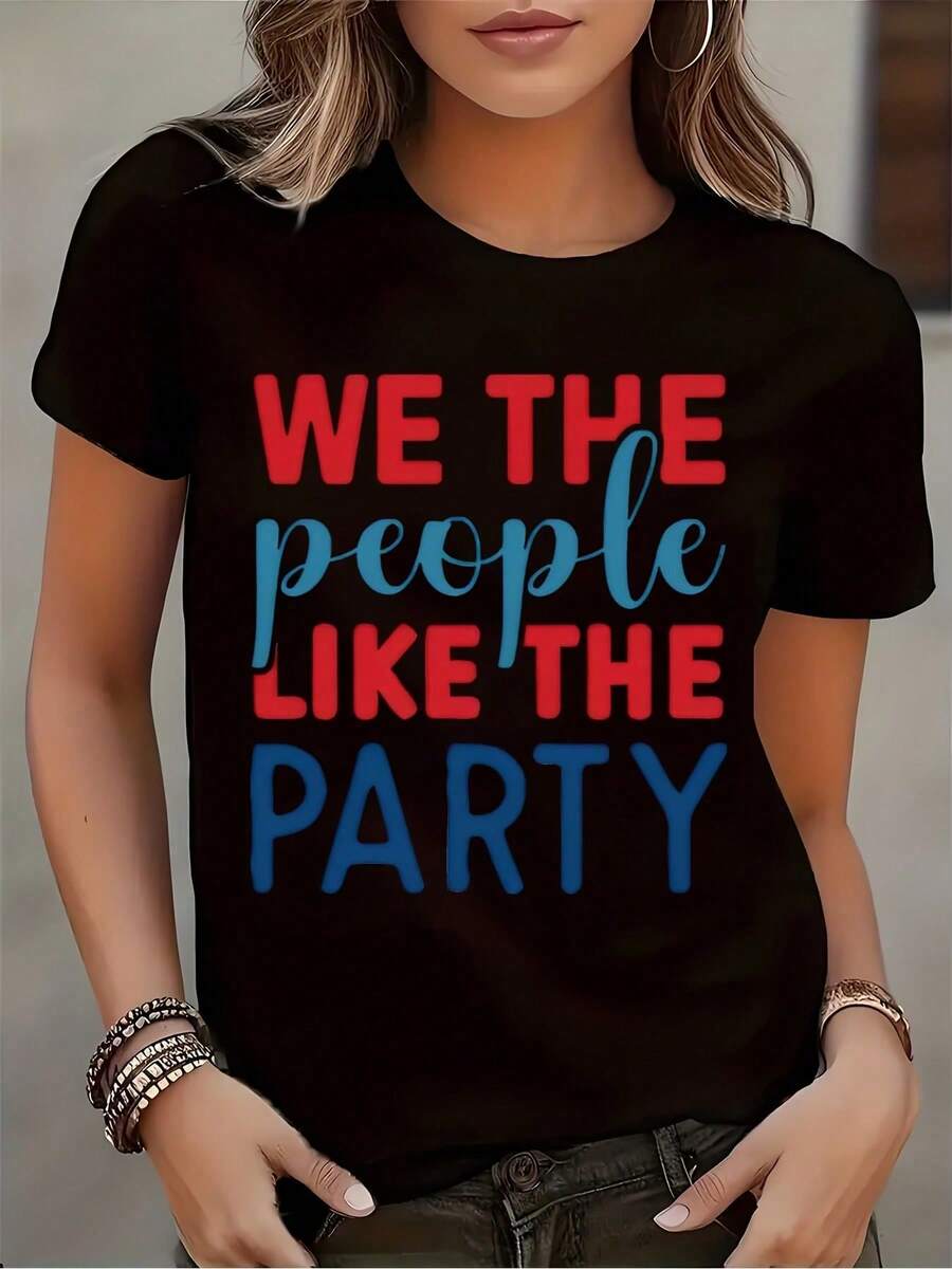 Women's Short-Sleeved T-Shirt With Round Neck And "We The People Like The Party" Print, Ideal For Casual Wear And Festive Occasions, With Comfortable Fabric, Suitable For Gifting, 180g. - 黑色 - 查看 1