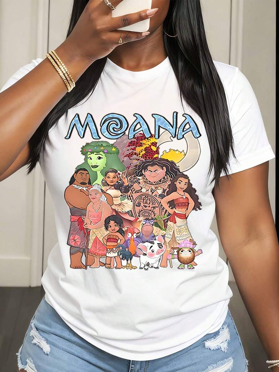 Disney Moana Characters Print T Shirt Women Casual Summer Fashion Streetwear Style - 白色 - 查看 1