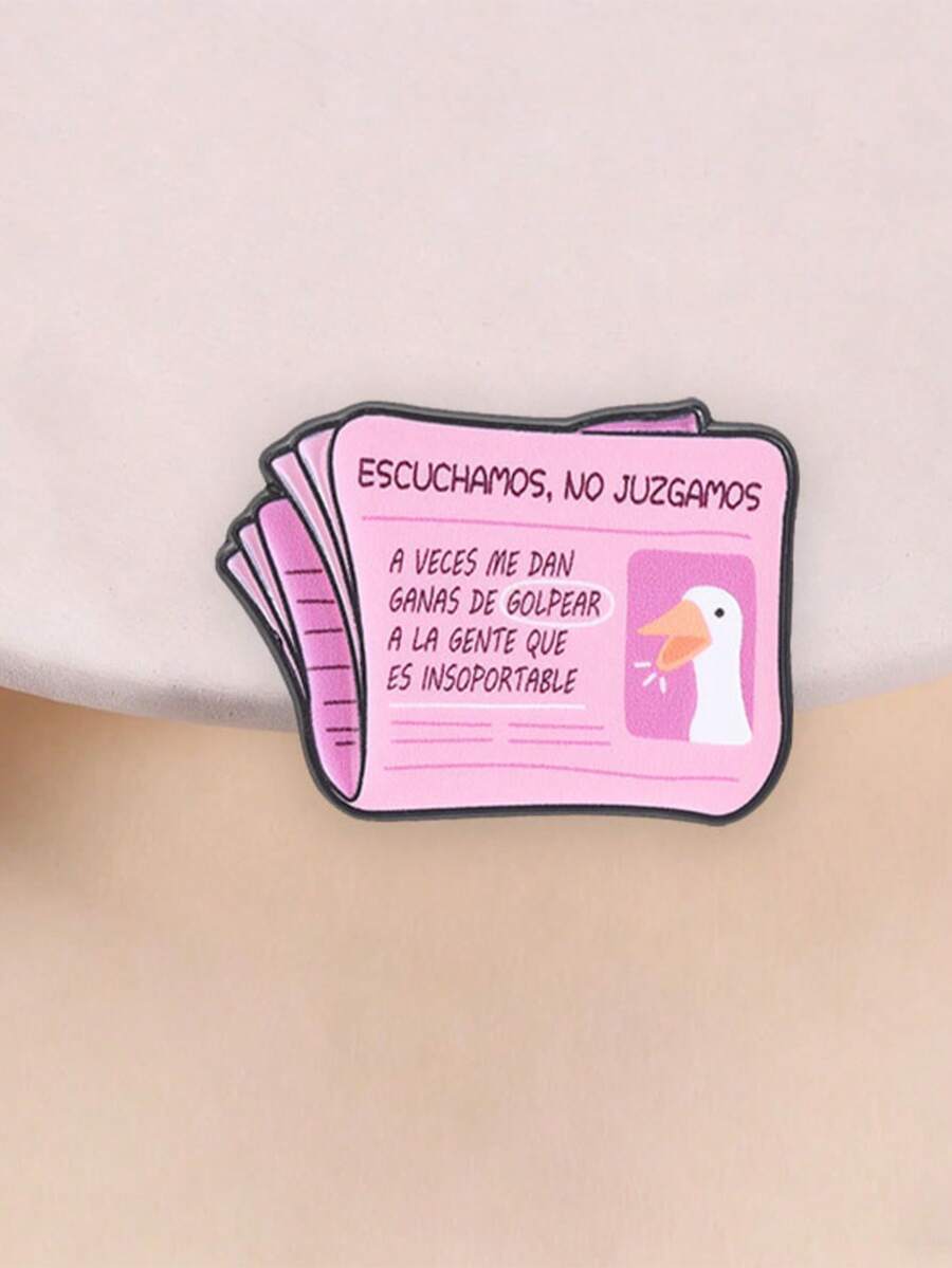 1pc Funny Spanish Pink Newspaper Enamel Brooch, Cartoon Big White Goose Sarcastic Text Badge, Fashion Clothing Backpack Accessory, Gift For Friends