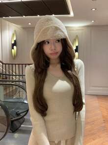 Women's V-Neck Ribbed Solid Color Long Sleeve Sweater - Oatmeal - View 7