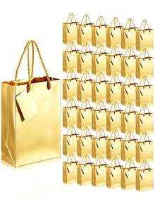 Metallic Gold Gift Bag Set With Tags, Gold Foil Finish, Glossy Surface, Waterproof, With Handles, Suitable For Birthday Party, Anniversary, Wedding, Baby Shower - Multicolor - View 1