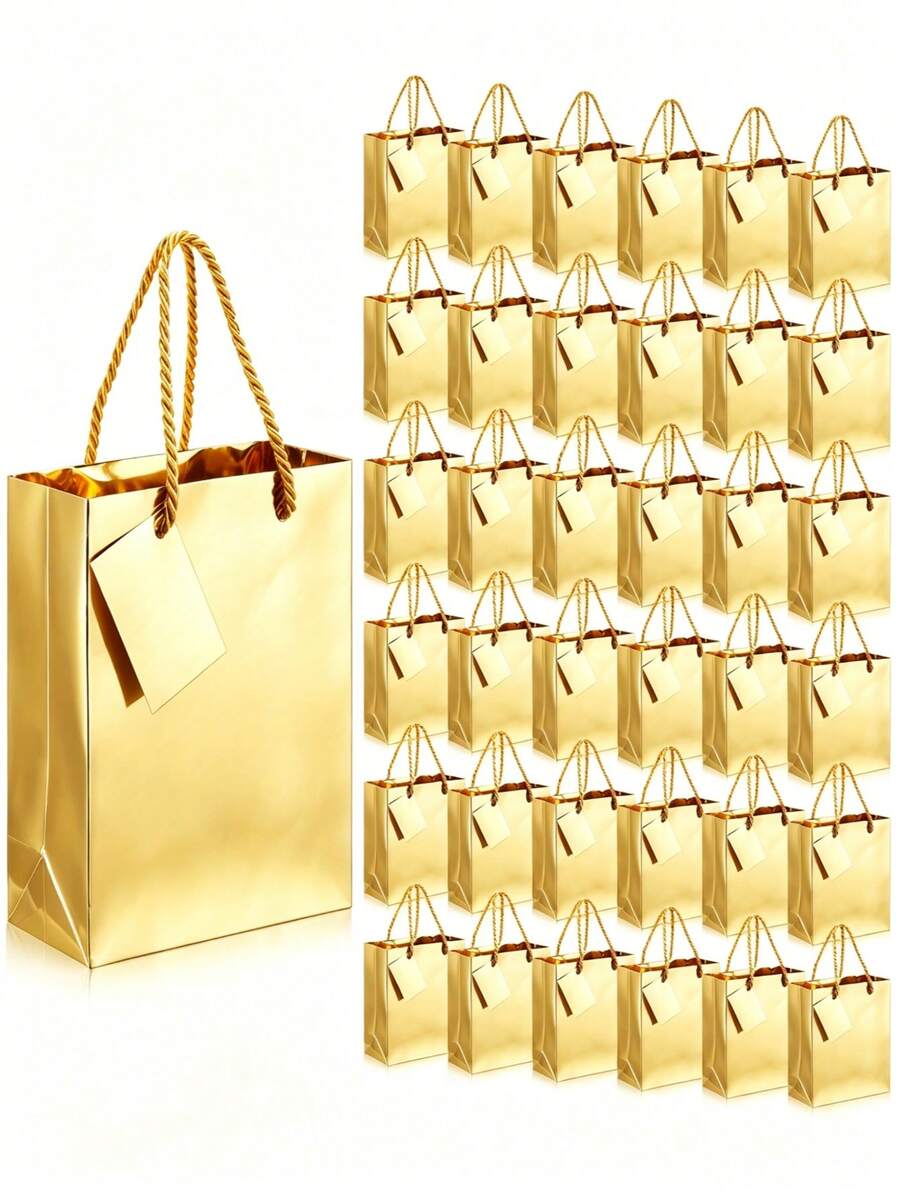 Metallic Gold Gift Bag Set With Tags, Gold Foil Finish, Glossy Surface, Waterproof, With Handles, Suitable For Birthday Party, Anniversary, Wedding, Baby Shower - Multicolor - View 1