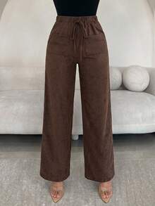 Brown Solid Textured Elastic Drawstring Wide Leg Long Pants With Double Patch Pockets High Waist Loose Floor-Length Casual Pants For Women - Coffee Brown - View 5