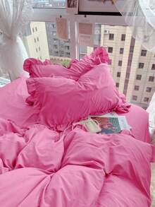 Set Sprei Lembut Ramah Kulit 3pcs Warna Merah Mawar Krem Gaya Feminin dengan Pinggiran Bergelombang, 3 Buah (1*Sprei + 2*Sarung Bantal), Cocok Untuk Kamar Tidur, Kamar Tamu, Semua Musim, Dapat Dicuci dengan Mesin - Rose Red - View 7