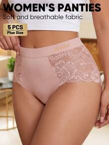 MEIYATING 5pcs Plus Size Women Mid-High Waist Lace Trim Semi-Sheer Sexy English Fashion Print Comfortable Lightweight Triangle Panties Summer - Multicolor - View 3