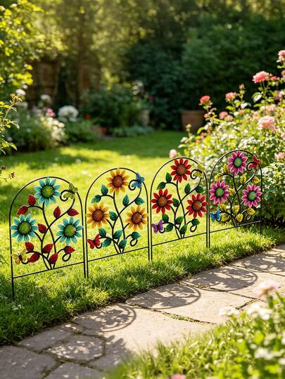 1 chiếc hàng rào vườn kim loại hoa hướng dương & bướm, kích thước lớn 14.96 inch, hàng rào trang trí viền vườn, 4 màu có sẵn, trang trí vườn chịu thời tiết, phù hợp cho luống hoa, lối đi, thiết kế cảnh quan ngoài trời