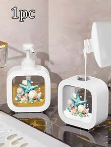 海星與貝殼圖案手動按壓式皂液器 - 黑白配色皂液器適用於浴室或廚房水槽，支持手動按壓出液，適用於乳液、洗手液或沐浴露 - 海洋主題衛生用品容器 - 彩色 - 查看 1