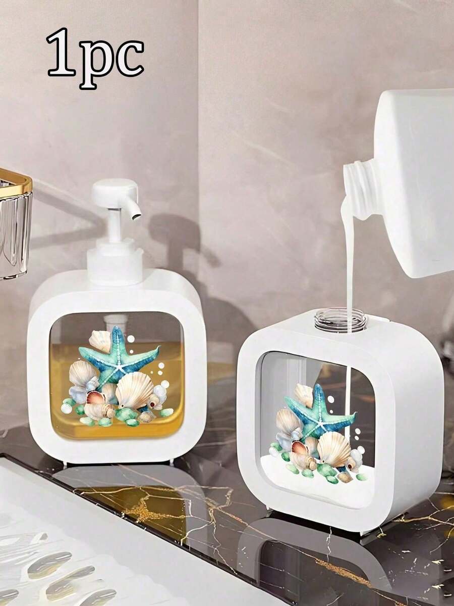海星與貝殼圖案手動按壓式皂液器 - 黑白配色皂液器適用於浴室或廚房水槽,支持手動按壓出液,適用於乳液、洗手液或沐浴露 - 海洋主題衛生用品容器 - 彩色 - 查看 1