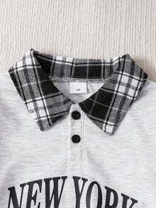 Autumn/Winter Design Contrast Color Plaid Polo Collar Letter Print Pattern Long Sleeve Drop Shoulder Polo Shirt And Distressed Patchwork Plaid Design Elastic Waist Straight Leg Denim Pants Set, Casual Street Style Loose Autumn/Winter Outfit, Suitable For Daily Wear - Light Grey - View 7