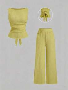 Set de 2 piezas: Blusa con cuello de barco, mangas acampanadas con volantes y pantalones acampanados, adecuado para ir a la oficina, salir, y combinar con todo - Verde Oliva - Ver 1