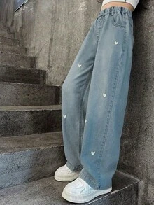Tween Girls Heart Print Embroidery Wide Leg Jeans - Baby Blue - View 4