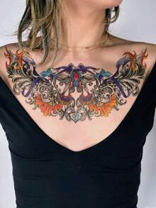 Waterproof Lady Temporary Tattoo Sticker For Women, Colorful Chicano Chest Fake Tattoo, Long Lasting Body Art For Collarbone Chest Shoulder - Multicolor - View 3