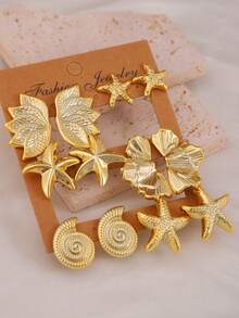 2/12PCS Anting Tusuk Gaya Laut Emas Seri Cocok untuk Pemakaian Sehari-hari di Pantai, Perjalanan Liburan, Hadiah Terbaik untuk Keluarga dan Teman - Emas - View 4