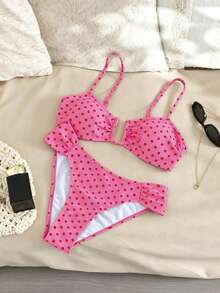 Elegant Women's Vacation Swimsuit Set, Overall Black And White Polka Dot Patchwork Design, U-Shaped Underwire Bust, Adjustable Shoulder Straps With Back Buckle And Backless Design, Side Pleated Pants, Suitable For Spring And Summer Beach Or Vacation - Hot Pink - View 2