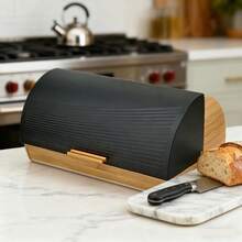 Large Black Wooden Bamboo Bread Box With Metal Lid, Kitchen Storage Container For Bread, Buns, Loaves, Pastries And Bread, Suitable For Modern, Traditional And Rustic Kitchen Interiors, Practical And Easy To Clean Bread Rack, Stylish Organizer For Fresh Bread And Baked Goods, With Roll-Top Lid - Bamboo Wood Food Storage Container, Bread, Snacks, Cupcakes, Muffins, Kitchen Utensil Organizer, Convenient, Vintage Style Storage Box, Easy To Set Up - brown with black - View 3