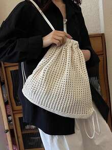 Fashionable Bohemian Crochet Backpack, Women's Woven Beach Tote Bag, Large Capacity Drawstring Bucket Bag, Foldable Women's Backpack - Multicolor - View 5