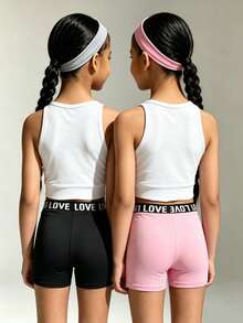 3 piezas/Set Pantalones cortos para niñas, pantalones cortos con estampado de letras en la cintura, casual, para exteriores, fitness, yoga, tela de alta elasticidad, suave y cómodo - Multicolor - Ver 8