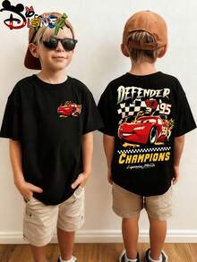 Disney Cars Kids Double-Sided T-Shirt, Lightning McQueen "Defender Champions" With 95, Checkered Flag & Fire Graphic Tee, Black Short Sleeve - Black - View 1