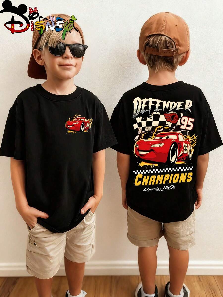 Disney Cars Kids Double-Sided T-Shirt, Lightning McQueen "Defender Champions" With 95, Checkered Flag & Fire Graphic Tee, Black Short Sleeve - Black - View 1