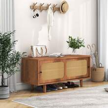 Scarpiera in rattan con 2 ante / Scarpiera moderna / con ripiano regolabile / Scarpiera elegante / Facile da pulire e montare / Per ingresso, soggiorno e camera da letto, 104*40*48 cm - Noce - Visualizzare 3