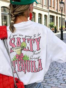 女款 T 恤 -「Salty Tequila Trail」圖案印花 - 白色 | 可機洗 | 春夏上衣 | 度假 T 恤 - 白色 - 查看 4