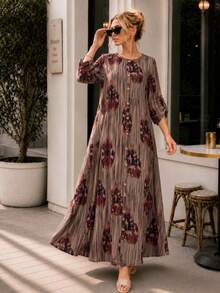 Plus Size Printed Maxi Dress for Women Long Sleeve Button Down Bohemian Casual Dress with Pockets - 紅木色 - 查看 2