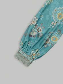 2026 New Blue-Green Floral Print Blouse Long Sleeve Loose Fit Bohemian Top Hippie Shirt Vintage Floral Print Small V-Neck Lantern Sleeve Lightweight Breathable Print Bohemian Fashion Vacation Outfit Island Holiday Style Country Music Festival Outfit Western Cowboy Style Pastoral Vintage Style Retro Aesthetic Casual Streetwear Plus Size Friendly - Multicolor - View 11