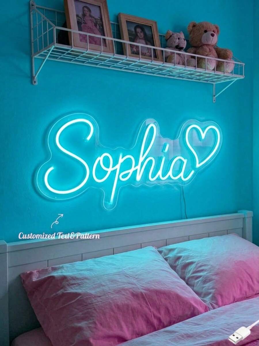 1pc Customized Dimmable Neon Sign, Name Light Sign, Personalized Gift, Large LED Light Sign, Suitable For Bedroom Wall Decor, Wedding, Birthday Party, Kitchen Accessories, Father's Day, Tools, Garden Outdoor, Home, Customized Home Decor, Halloween, Christmas, Birthday - Cadet Blue - View 1