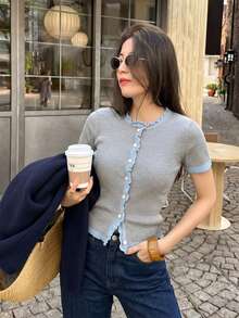 French Style Wood-Look Trim Contrast Color Knit Short Sleeve Cardigan Women's Summer New Slim Fit Cropped Top Gentle Elegant Slimming Blouse - Grey - View 2