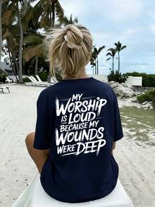 Women's Minimalist Casual T-Shirt With Double-Sided Inspirational Bible Message Graphic, Versatile Top To Pair With White Shorts And Lightweight Trousers - 藏青色 - 查看 3