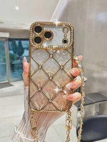 1pc Rhinestone Sequin Leather Chain Studded Air Cushion Electroplated Gold TPU Shockproof Phone Case Compatible With IPhone - Multicolor - View 5