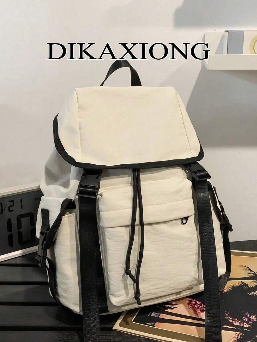Multi-Use Drawstring Backpack | White & Black Nylon With Buckle Details | Adjustable Straps Multi-Pocket | Daily/Outdoor/Work,Y2k - Multicolor - View 1