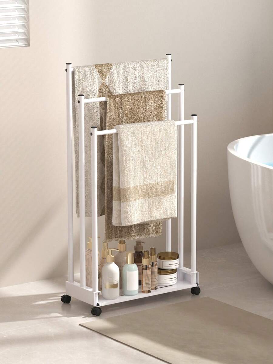 1pc 3-Tier Towel Rack With Storage Function - Freestanding, With Wheels - Heavy Duty Base, Sturdy Structure, Suitable For Various Sizes Of Towels, Bath Towels, Bathrobes, Ideal For Bathroom, Guest Room Use - Multicolor - View 1