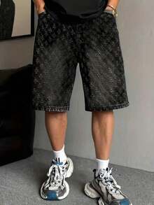 Men's Plus Size Fashion Embroidered Denim Shorts - Black - View 5
