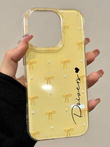 個性化客製姓名字母可愛極簡粉色波點蝴蝶結手機殼，適用於 iPhone 17 Pro Max 17 Pro 17 16 15 14 13 Pro Max，後蓋保護，送給女孩的禮物 - 黃色 - 查看 4