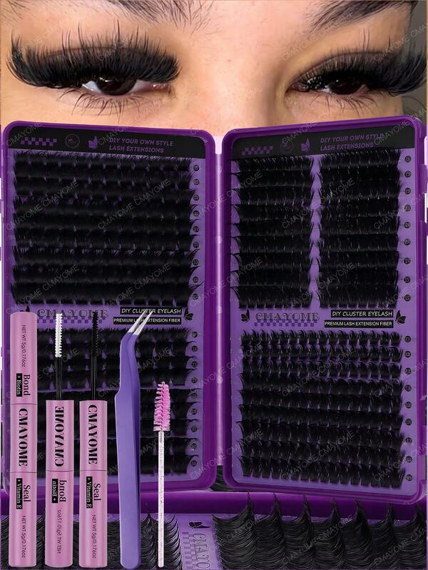 Kit de extensiones de pestañas postizas individuales D Curl de 486 racimos, libro de alta capacidad, apto para principiantes, DIY en casa, portátil, estilo mixto, con pegamento y sellador, pinzas, cepillos de máscara, largas, gruesas, esponjosas y extra densas para cosplay y maquillaje pesado