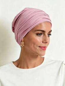 1pc Solid Color Women's Classic 2in1 Integrated Instant Turban Headscarf Cap, High Elasticity Full Pleated Hat & Anti-Slip Button Headband, Multi-Layer Pleated Design To Shape Head, Premium Knit Jersey Fabric, Sweat-Absorbent And Breathable, Suitable For Muslim Daily Life, Travel And Gatherings - Leather Pink - View 4